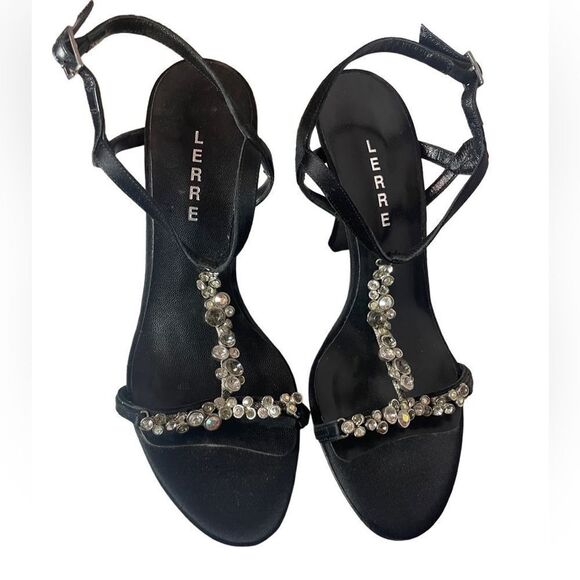 VTG Made in Italy Lerre Black and Crystal Embellished Strappy Thin Skinny Heels - Picture 2 of 6